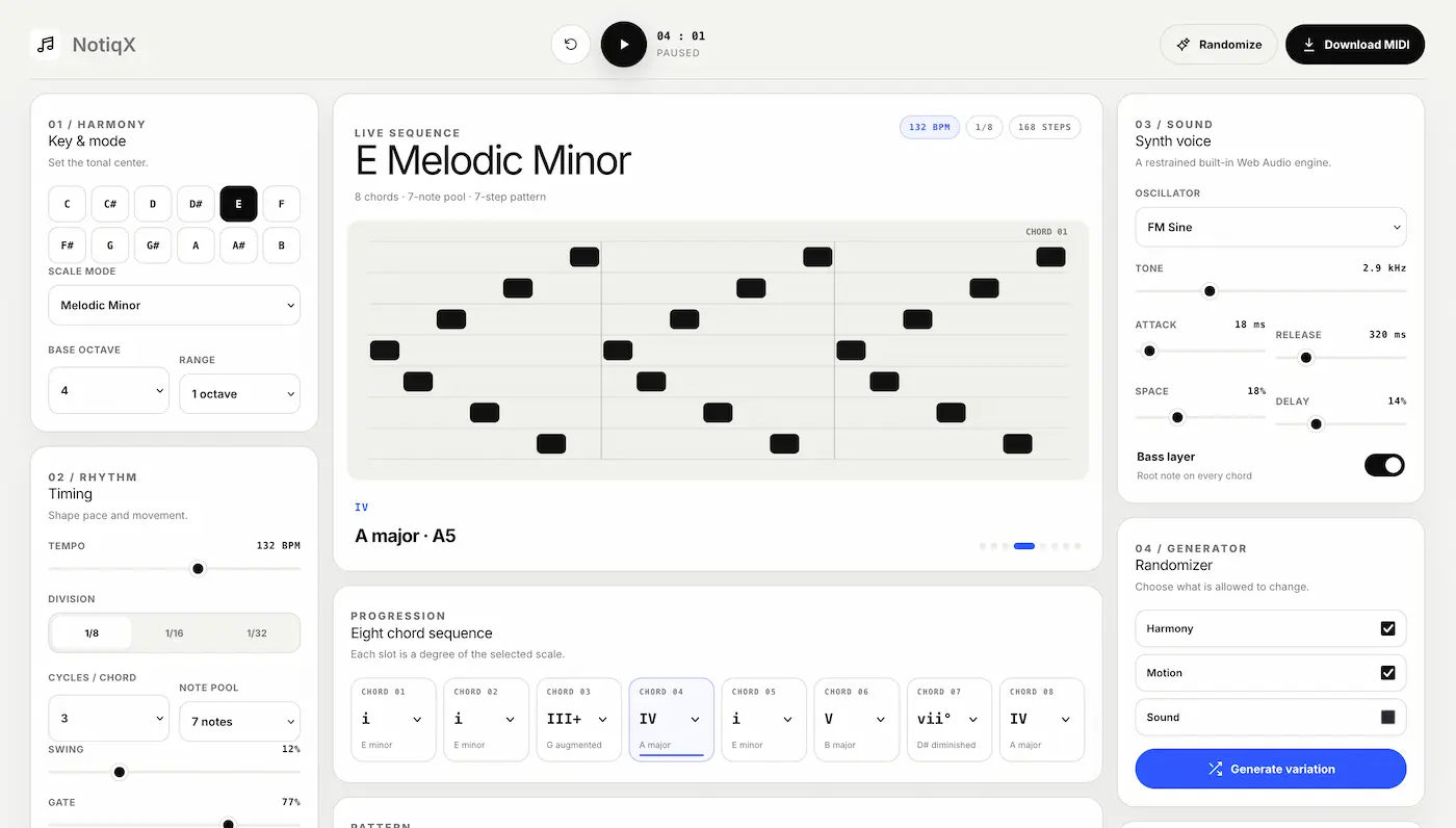 notiqx AI MIDI sequence generator interface